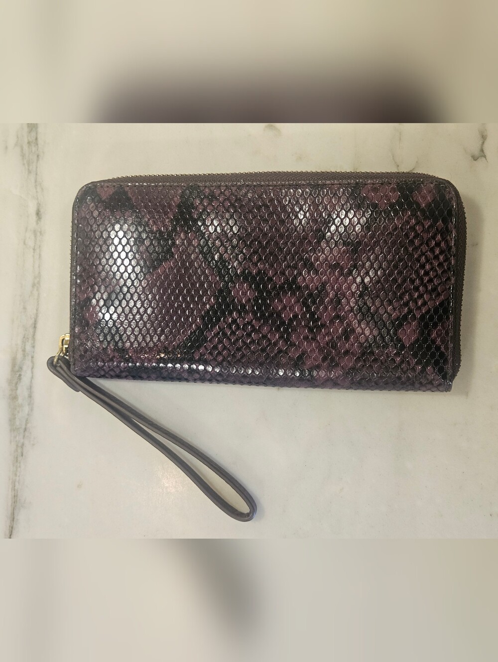 Fossil Purple Snakeskin Embossed Leather Continental Wristlet Wallet